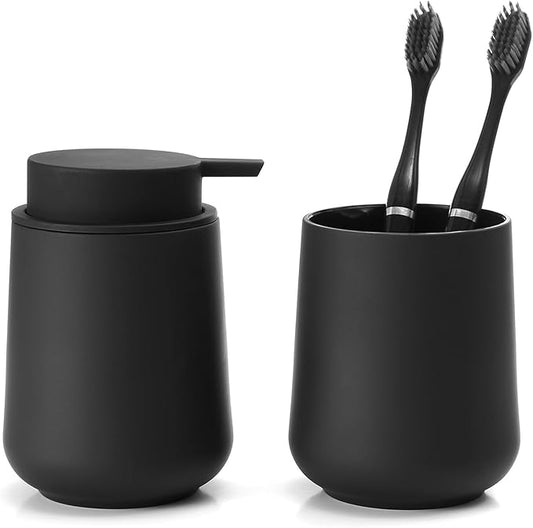 YAUKPH Bathroom Soap Dispenser and Toothbrush Holder Matte Black | Bathroom Accessories Set 2 Piece for Bathroom Countertop Storage and Decor