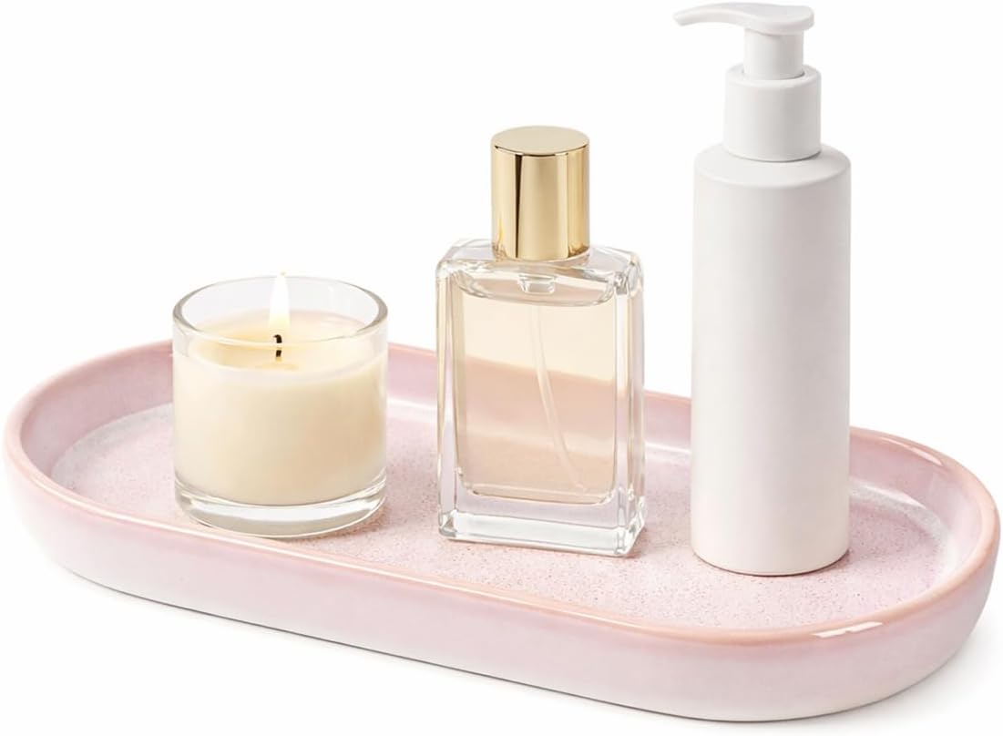 Glossy Pink Ceramic Bathroom Tray for Countertop, Small Vanity Organizer Dish for Perfume, Jewelry, Soap & Toiletries, Oval Decorative Tray for Bathroom, Dresser, Minimalist Home Decor