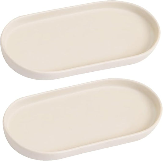 2 Pack Matte Beige Round Soap Dispenser Tray - 8'' Ceramic Vanity Tray & Organizer Plate Set, Bathroom & Kitchen Countertop Decor for Soap Dispenser, Jewelry, Cosmetics, Sink