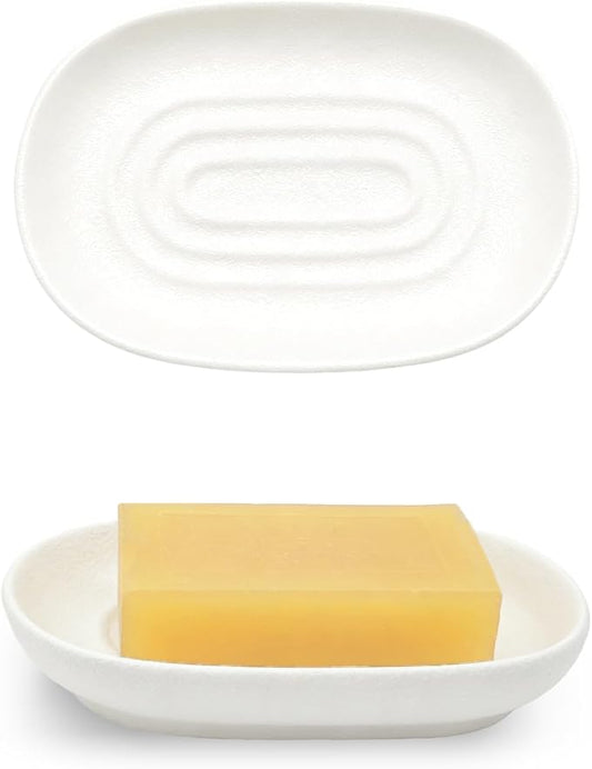 Ceramic Soap Dishes for Bar Soap- Matte White Textured Finish Bar Soap Holder for Bathroom Kitchen Sink & Shower - Easy to Clean Simple Oval Soap Dish Soap Tray for Soap Bars, Sponges, Jewelry