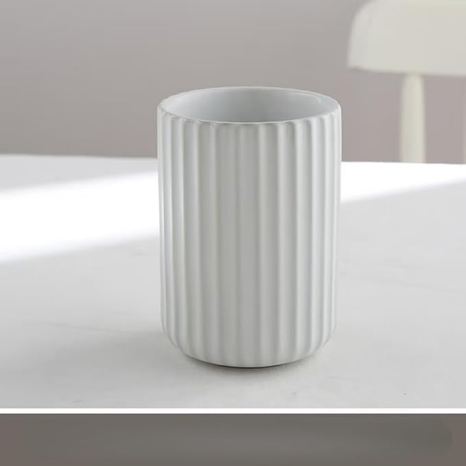 Stoneware Toothbrush Holder for Bathroom Tooth Brush Holder for Bathroom Toothbrush Cup Toothbrush Holders Cute Fluted Vertical Ribbed Stripe (Matte White)