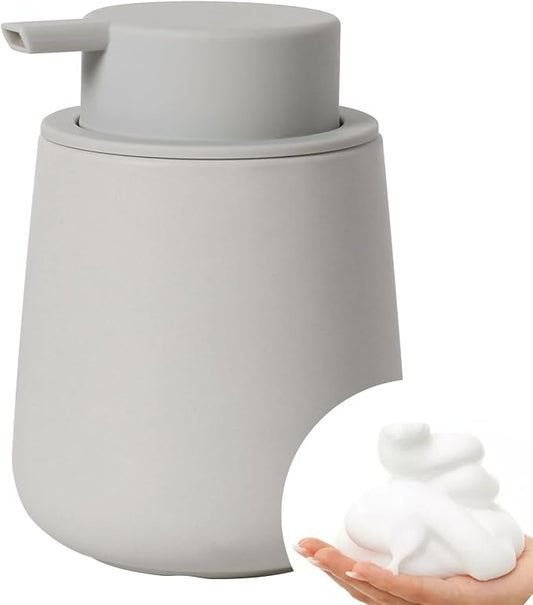 Bosilunlife 12Oz Ceramic Foam Soap Dispenser for Bathroom Kitchen Counter | Premium countertop foam pump creates delicate dense foam, stable desktop placement, Matte Light Grey