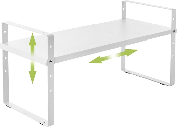 Across-Star Expandable Cabinet Shelf Organizer Rack, Stackable Kitchen Counter Storage Shelves Stand, Adjustable Height Pantry Shelf Spice Rack (White, 1 Pack)