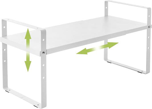 Across-Star Expandable Cabinet Shelf Organizer Rack, Stackable Kitchen Counter Storage Shelves Stand, Adjustable Height Pantry Shelf Spice Rack (White, 1 Pack)