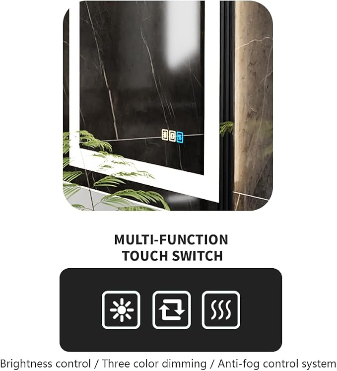 18x24 Inch LED Smart Bathroom Mirror, Wall Mounted | Anti-Fog,3 Colors Dimmable,Front and Backlit,CRI 90+,Memory,Shatter-Proof,Rectangular,Frameless,Explosion Proof