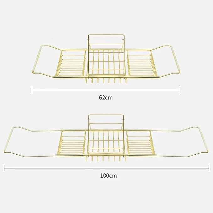 Bathtub Caddy Tray, Stainless Steel Extendable Bath Tub Tray Table in Brushed Gold Finish with Removable Book Holder Rack Holder, Expandable Bath Tub Shelf for Reading, for Home Bathroom
