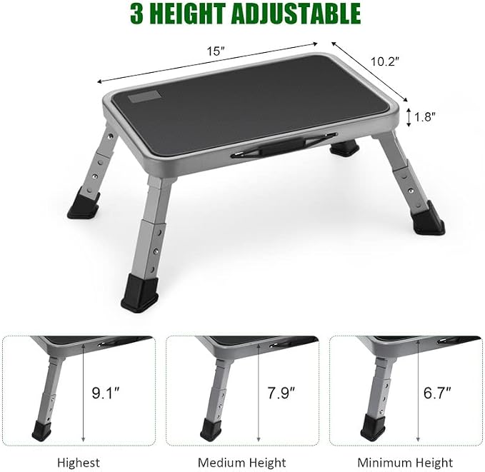 Jocauto Folding Step Stool for Adults, Height-Adjustable Small Step Stool | Step Ladder with Non-Slip Platform for Adults or Kids in Kitchen, Home, Rv,330 Lbs Capacity, Gery