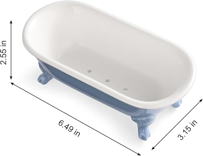 6.5" Ceramic Mini Clawfoot Bathtub Soap Dish, Blue | Decorative, Kitchen Sponge Holder, Shower Tray, 1 Pack