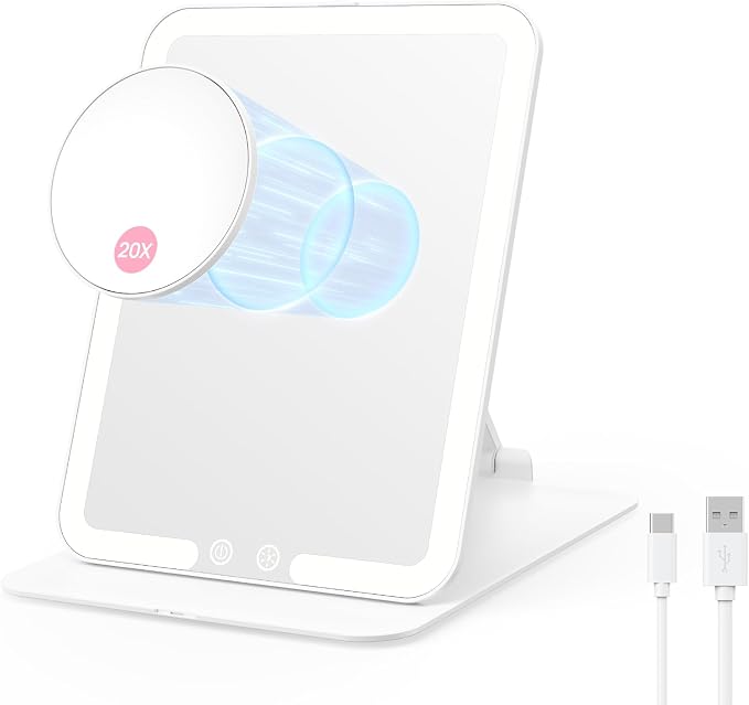 Foldable Travel Makeup Mirror with Lights & 20X Magnifying, White | Rechargeable LED Vanity Mirror, Height & Angle Adjustable, 3-Colors Lighting, Smart Auto Sensor, Portable Tabletop Mirror