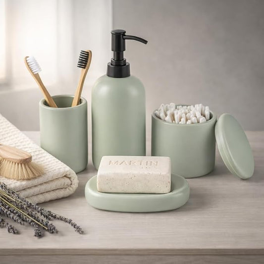 Modern Minimalist Ceramic Bathroom Accessories | Set of 4 | Green | Soap Dispenser + Toothbrush Holder + Soap Dish + Cup, Aesthetic Scandinavian Design, Home Decor, Scratch Resistant, Durable