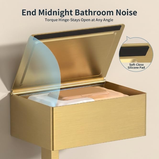 FORIOUS Toilet Paper Holder with Shelf, Wall-Mounted Modern Wipes Dispenser | Brushed Gold | Toilet Paper Holder with Storage | Baby Wipes Dispenser for Bathroom | 6.5"x4.5" Lighter Shelf