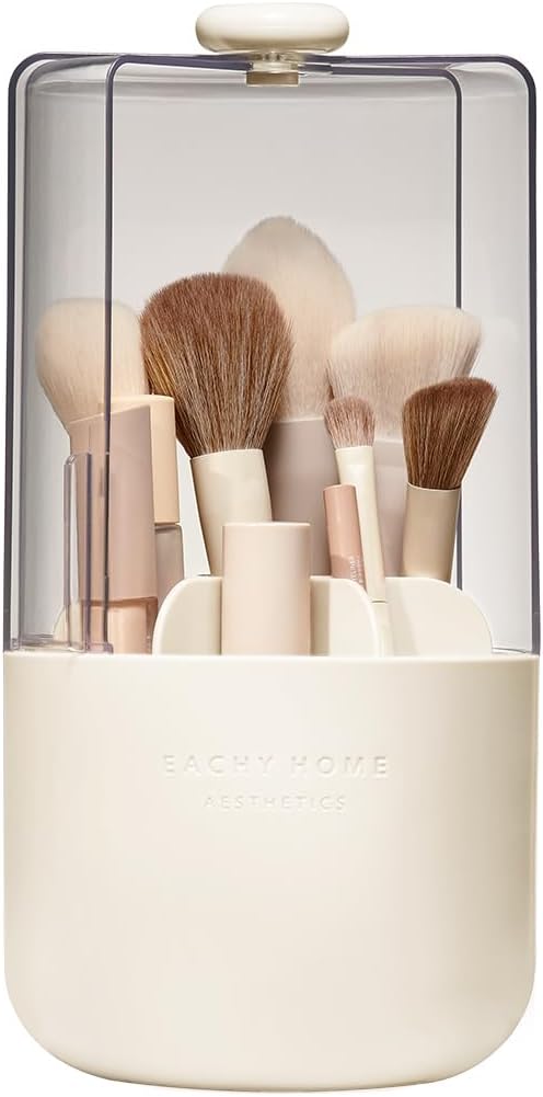 EACHY Makeup Brush Holder with Lid, Rotating Makeup Brush Organizer, Beige | Dustproof Lid, 7 Compartments, Waterproof Plastic, Vanity Makeup Organizer for Brushes