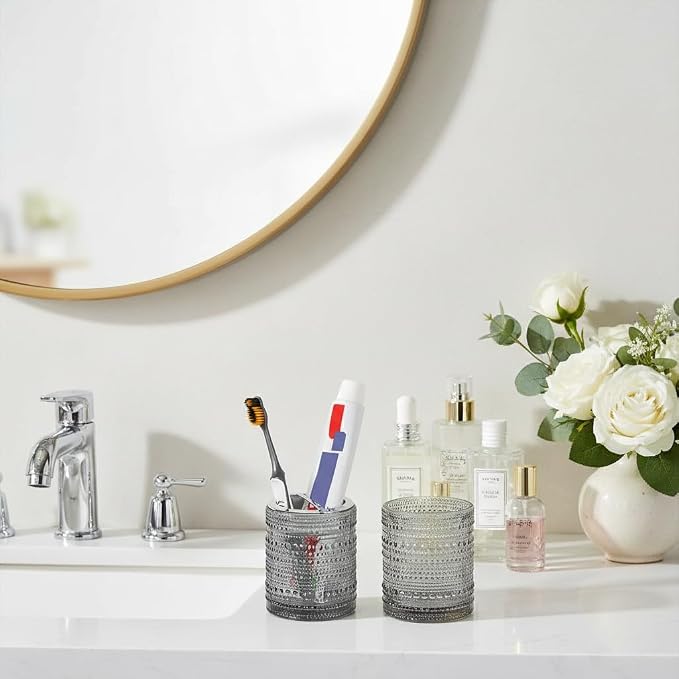 Grey Toothbrush Holders for Bathrooms, Glass Toothbrush Holder with 2 Slot Divider, 10oz Bathroom Tumbler and Mouthwash Cup, Tooth Brush Holder for Brushes, Toothpaste