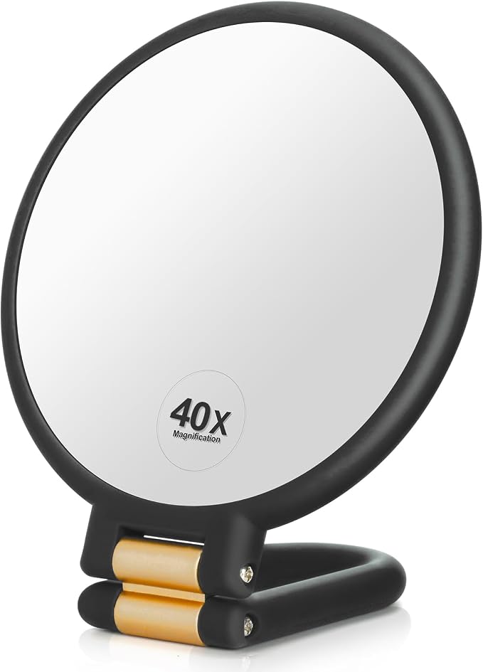 40X Magnifying Handheld Mirror, Double Sided Hand Mirrors with 1X 40X Magnification, Travel Hand Held Mirror, 360°Rotation Pedestal Folding Makeup Vanity Mirror (Black)