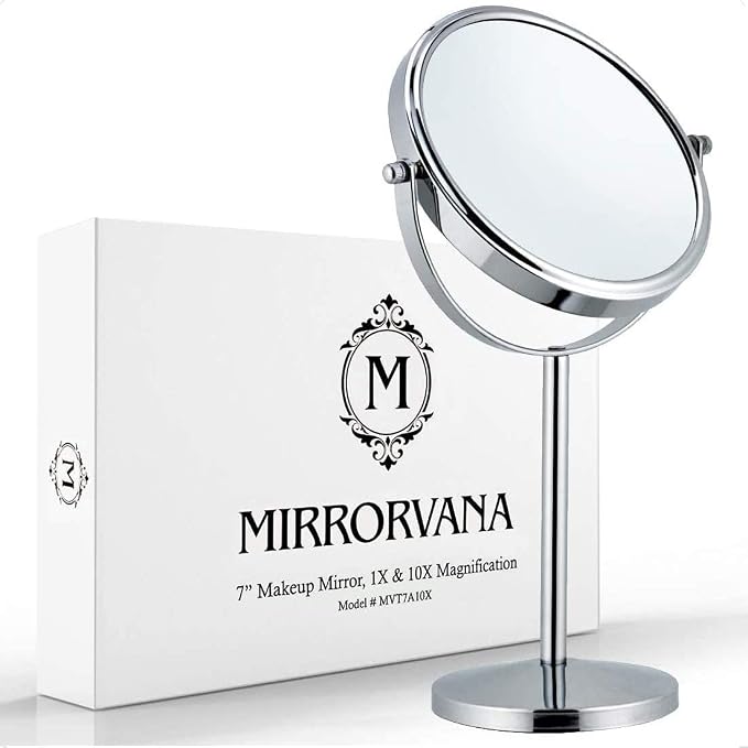 Double Sided 10X/1X Magnifying Mirror, 7" x 14" (Chrome) | Makeup Mirror on Round Stand for Table, Bedroom Vanity Desk & Bathroom Counter - Free Standing Vanity Mirror for Beauty Care
