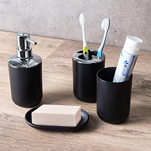 Moss & Stone 6-Piece Black Bathroom Accessories Set, Soap Dispenser | Modern Plastic Bathroom Set with Toothbrush Holder, Soap Dish, Cup & Trash Can for Countertop Organization and Bathroom Decor