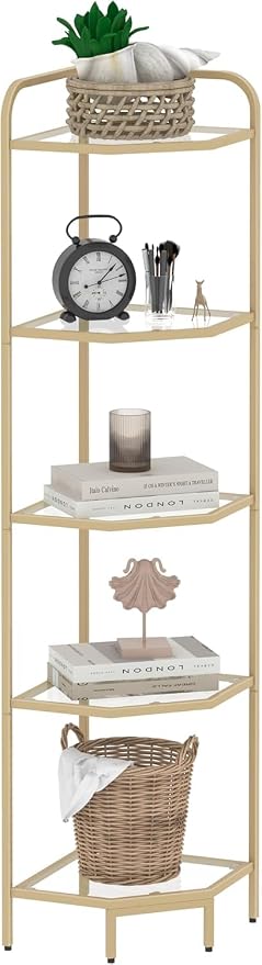 Hzuaneri Corner Shelf Stand, 5-Tier Glass Bookshelf Bookcase, Plant Stand | Bathroom Organizer Steel Frame, Tempered Glass, Modern Style for Living Room, Bathroom, Kitchen, Gold CS90200G