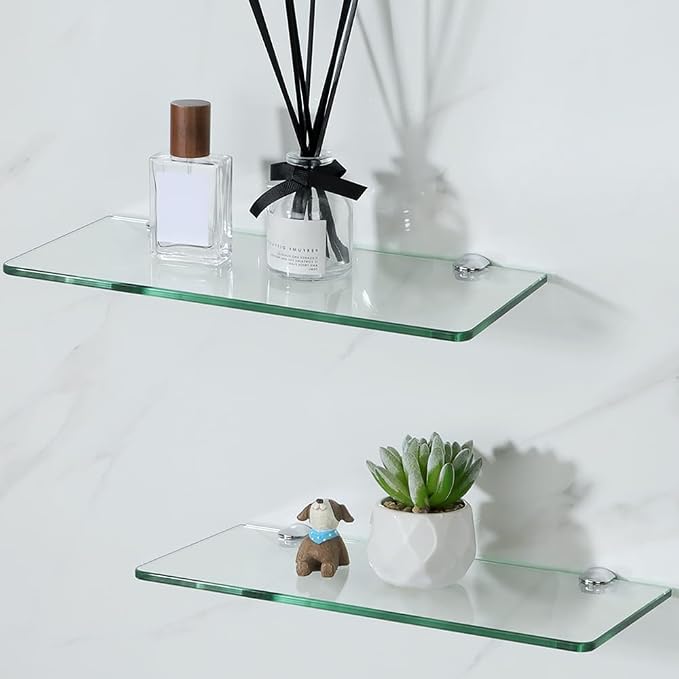 SAYAYO Glass Floating Shelves for Wall, Tempered Glass Shelves for Bathroom | Living Room, Bedroom, Office, Toilet, Kitchen Decor, 12 Inch Set of 2, Clear