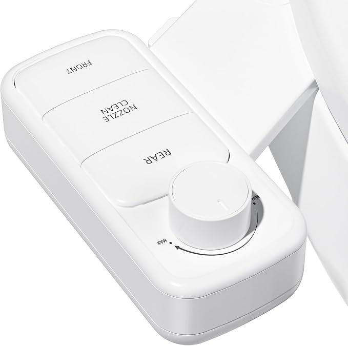 Ultra-Slim Bidet Attachment, Self-Cleaning Dual Nozzle (Feminine/Posterior Wash), Accessibility-Enhanced Large Buttons, Quick-Release, Non-Electric Fresh Water System with Adjustable Pressure