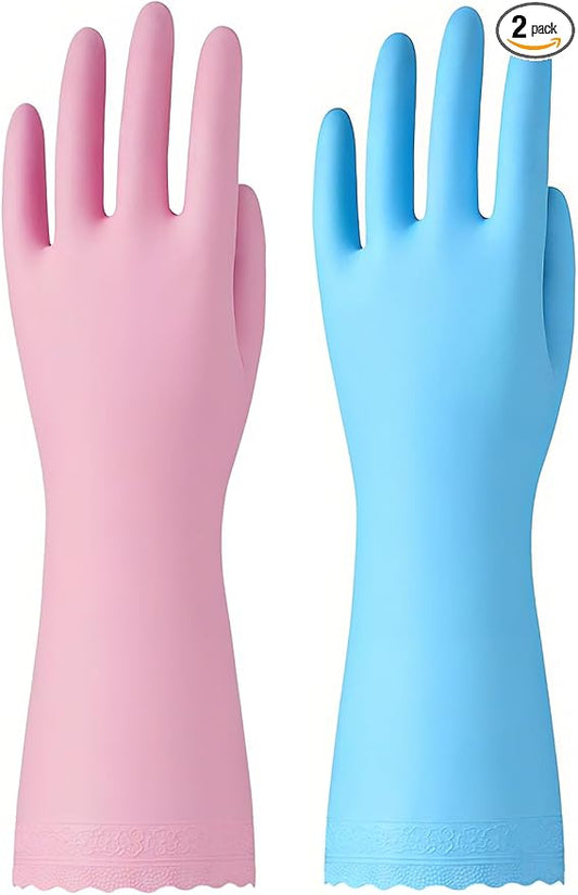 Bamllum Kitchen Cleaning Gloves, Latex-Free, Cotton Flocked Liner, Medium | 2 Pairs of Reusable Dishwashing Gloves with a Textured Non-Slip Grip, in Pink and Blue