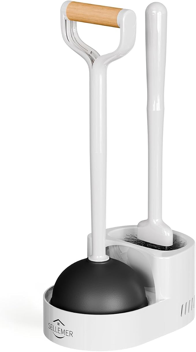 Toilet Brush and Plunger Set, Curved Head for Deep Cleaning, White | Brush and Plunger set, Curved Nylon Bristles for Deep Clean, Strong Suction Plunger, Ventilated Holder for Quickly Air Dry