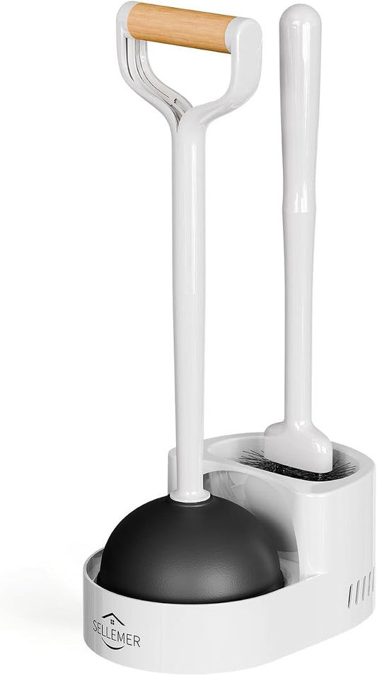 Toilet Brush and Plunger Set, Curved Head for Deep Cleaning, White | Brush and Plunger set, Curved Nylon Bristles for Deep Clean, Strong Suction Plunger, Ventilated Holder for Quickly Air Dry