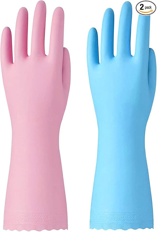 Bamllum Kitchen Cleaning Gloves, Latex-Free, Cotton Flocked Liner, Large | 2 Pairs of Reusable Dishwashing Gloves with a Textured Non-Slip Grip, in Pink and Blue
