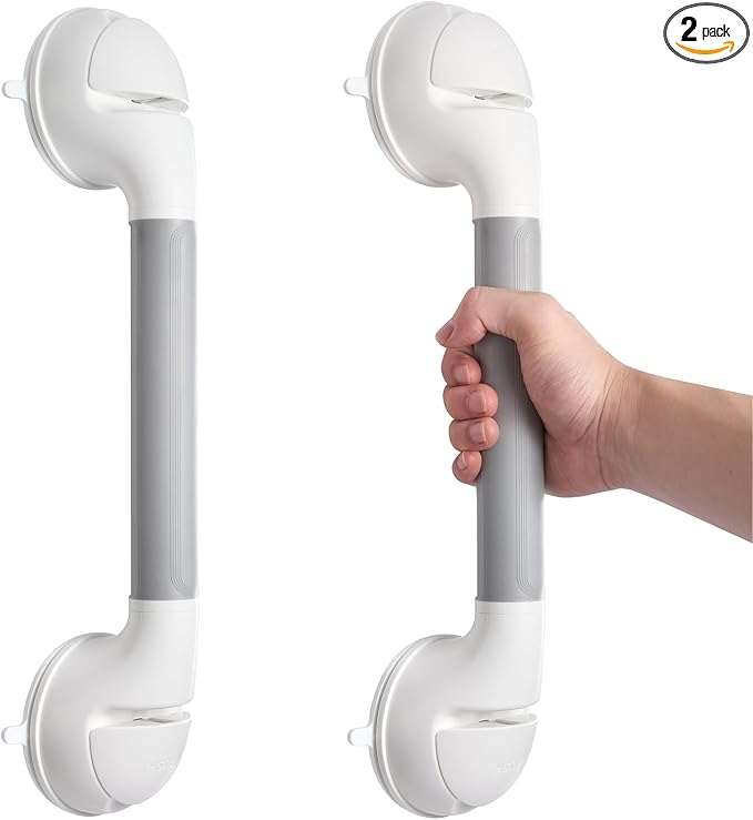 Suction Grab Bar 2 Pack, 16.9 Inch Shower Grab Bars for Seniors, No Drill Removable Bathroom Safety Handles for Bathtubs and Showers, Grey White