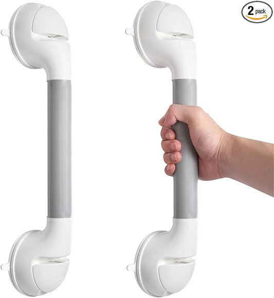 Suction Grab Bar 2 Pack, 16.9 Inch Shower Grab Bars for Seniors, No Drill Removable Bathroom Safety Handles for Bathtubs and Showers, Grey White