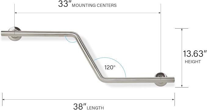 Seachrome Bathroom Grab Bar, 38 inch Stainless Steel, Right Handed Zuma Bar, 1 1/4 inch Diameter, Handicap Grab Bar, Safety Rail, Satin Stainless (Model: GWR-3638-QCR-SS)