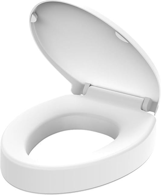 Huttdmel Raised Elongated Toilet Seat 18.5'' for Seniors – Soft Close, Quick Release & Connect, Sturdy PP Material, Won’t Loosen, Ideal for Elderly & Limited Mobility, White