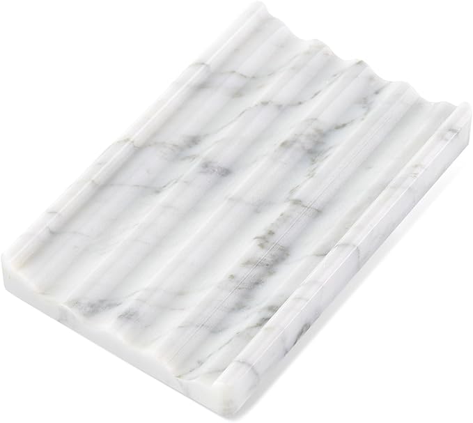 Soap Holder, Marble Soap Dish for Shower, Bar Soap Holder with Water Ripple Design, Easy Cleaning Soap Saver for Kitchen Sink，Bathroom, Executive Italian Natural Stone Soap Tray(Bianco Carrara)