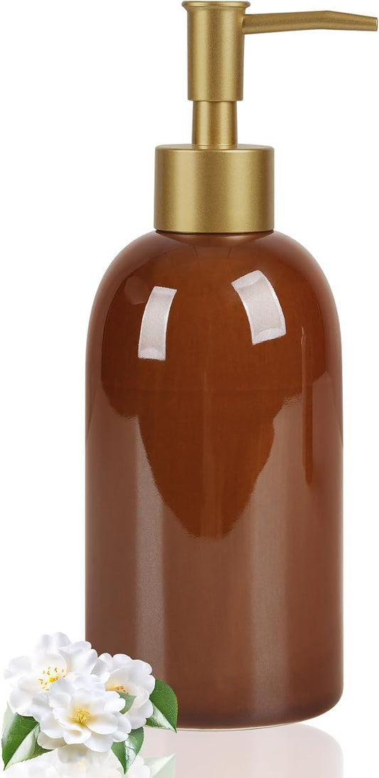 Natheeph 14OZ Ceramic Soap Dispenser Can Fill Liquid for Bathroom, Kitchen | Refillable Hand Soap Dish Soap,Detergent for Kitchen, Bathroom, Soap Pump Dispenser Bottle, Ceramic (Amber)