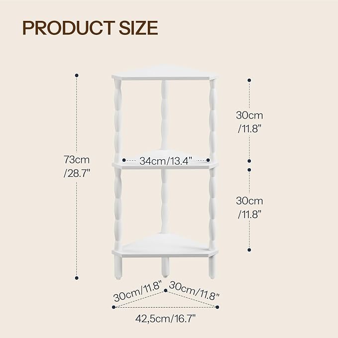 HOOBRO 3-Tier Corner Shelf, Wooden Corner Bookshelf for Small Space, Stylish Corner Storage Display Shelves for Living Room, Kitchen, Office White WT193CJ01