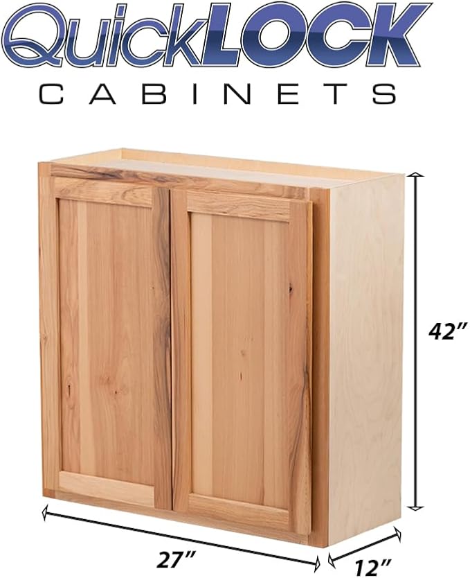 Quicklock RTA (Ready-to-Assemble) 42" Tall Wall Kitchen Cabinets - Shaker Style | 100% Hardwood | Made in America | Soft Close Hardware (12" D x 27" W x 42" H, Rustic Hickory)