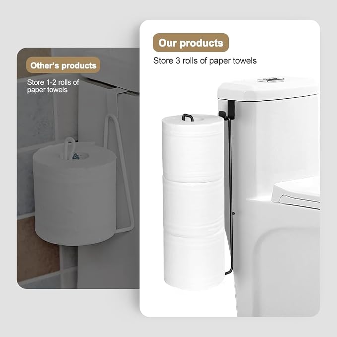 Toilet Paper Holder with Storagefor 3 Roll Tissue （Black 1 Pcs） | Wall Mounted Over The Tank Toilet Paper Holder Organizer Self Adhesive Toilet Paper Storage Stainless Steel