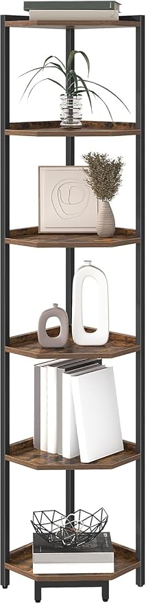 Hzuaneri Corner Shelf Stand 6-Tier Corner Bookshelf Storage Standing Shelf | Bookcase Plant Stand with Metal Frame for Living Room, Home Office, Bedroom, Rustic Brown CS06001B