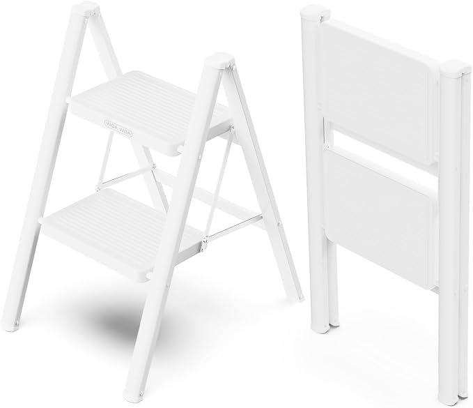 2 Step Foldable Step Stool, 330lbs Load, White | Folded 26'' H x 2'' T; Net 7.4 lbs; Anti-Slip Feet Grip Wood, Tile, Carpet; Wide Pedals; For Kitchens, Closets.