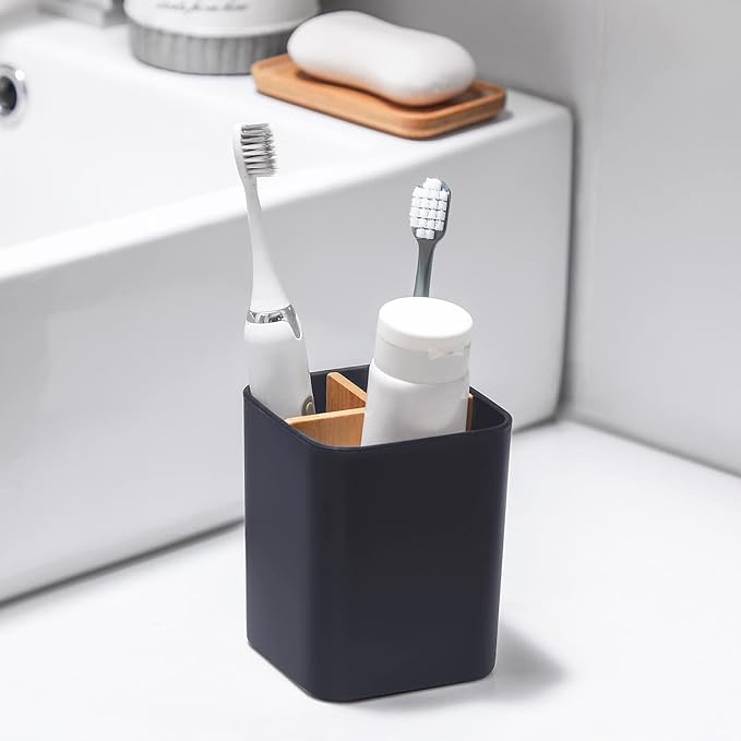 Bamboo Toothbrush Holder for Bathrooms Toothpaste Organizer - Cool Grey | Detachable Inserts, 3 Slots, Bathroom Counter Organizer, for Kids Electric Toothbrushes, Floss, Razors