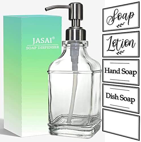 JASAI Antique Design Soap Dispenser with Rust Proof 304 Stainless Steel Pump, Refillable Glass Soap Dispenser with 10Pcs Clear Stickers, Premium Kitchen & Bathroom Soap Dispenser | Refillable Glass Soap Dispenser with 10Pcs Clear Stickers, Premium Kitc...
