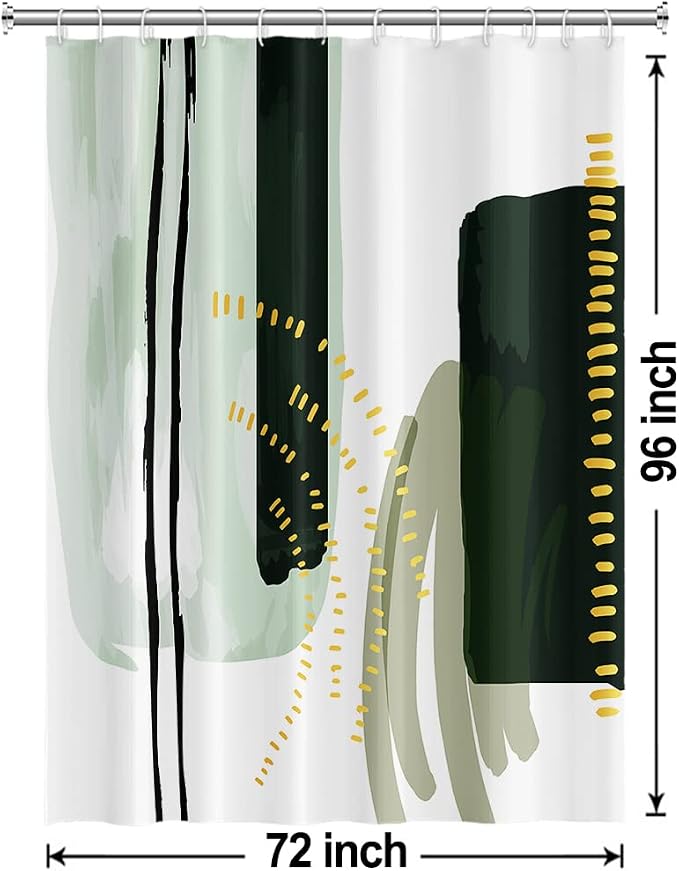 Mid Century Green Shower Curtain for Bathroom 72x96 Inch | Waterproof Abstract Minimalist Emerald-green Shower Curtain Set with Hooks, Boho Bathroom Decor