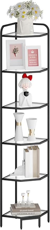 Hzuaneri Corner Shelf Stand, 6-Tier Glass Bookshelf Bookcase, Plant Stand | Bathroom Organizer Steel Frame, Tempered Glass, Modern Style for Living Room, Bathroom, Kitchen, Black CS90600B