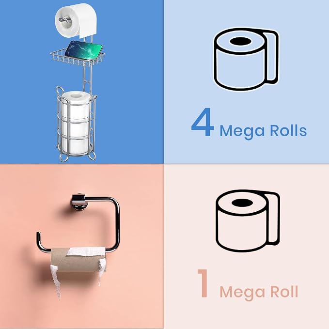 Chrome Toilet Paper Holder Stand Tissue Holder for Bathroom with Shelf Storage Holds 4 Mega Rolls Phone and Wipes