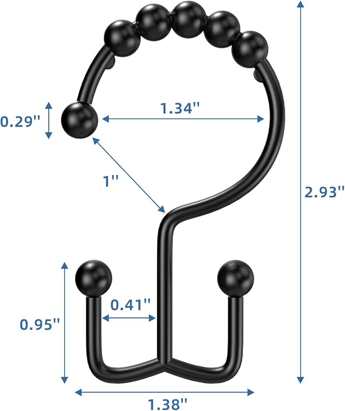 Black Shower Curtain Hooks Double Sided with Roller Balls | for Bathroom Rods, for Shower Curtain and Liner, Smooth Gliding, Rustproof Metal, Set of 12 Hooks