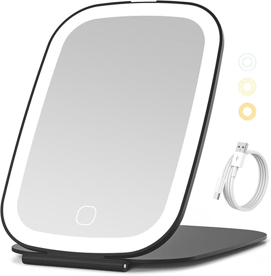 NEZZOE Rechargeable Travel Makeup Mirror with LED Light, 7x5 Inch, Black