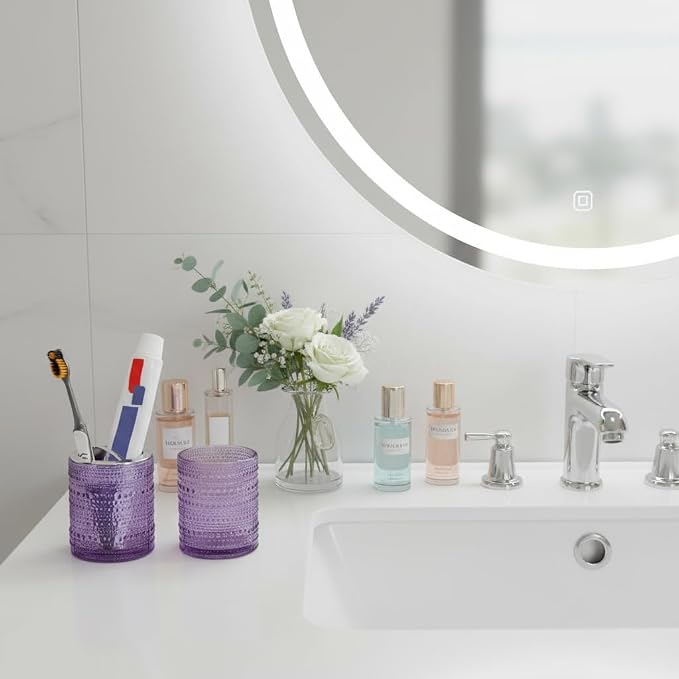 Glass Toothbrush Holder, Purple Bathroom Toothbrush Holder Set, 10oz Bathroom Tumbler Cup, Bathroom Storage Cup Organizer for Tooth Brush, Toothpaste and Makeup Brush