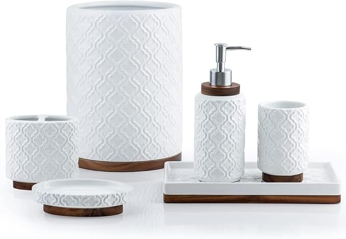 RQYIXI Ceramic 6-Piece Bathroom Accessories Set,Cream White,with Tray | ceramic and wood embossed design with Trash Can modern countertop organization