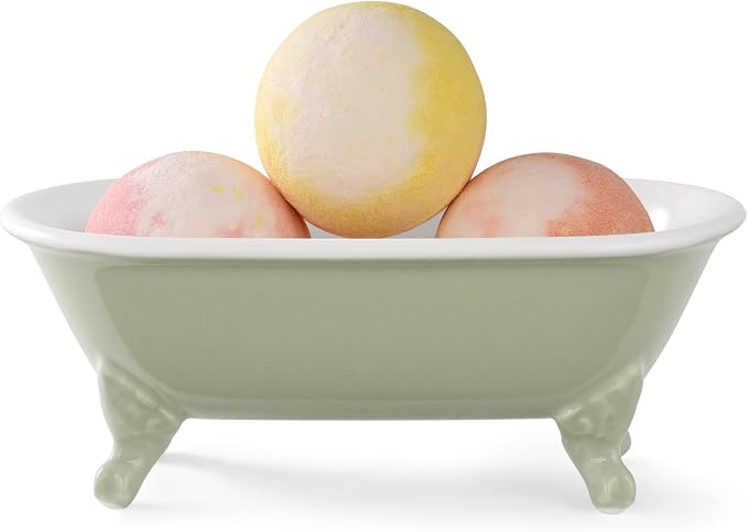 6.5" Ceramic Mini Clawfoot Bathtub Soap Dish, Seige Green | Decorative, Kitchen Sponge Holder, Shower Tray, 1 Pack