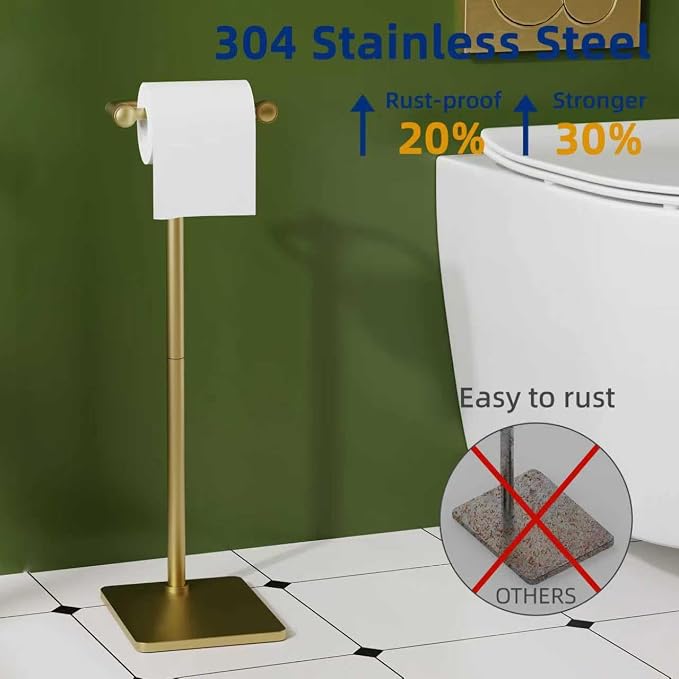 RUACQ Bathroom Toilet Paper Holder Stand, Brushed Gold | Dual-Post Pivoting Free Standing Toilet Roll Holder with Weighted Base, Anti-drop Design 304 Stainless Steel Tissue Stand