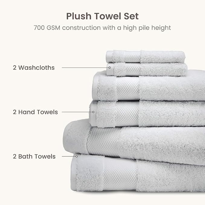 100% Organic Cotton 6-Piece Luxury Bathroom Towels Set GOTS Certified 700 GSM, 2 Bath Towels, 2 Hand Towels & 2 Wash Cloths - Silver